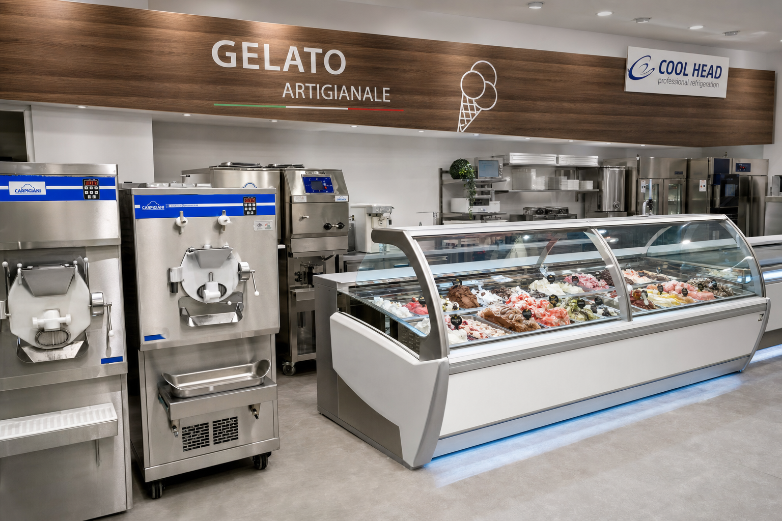 Professionelle Gelato-Maschinen und Kühlvitrinen in einer modernen Eisdiele – Eisdiele eröffnen Ausstattung