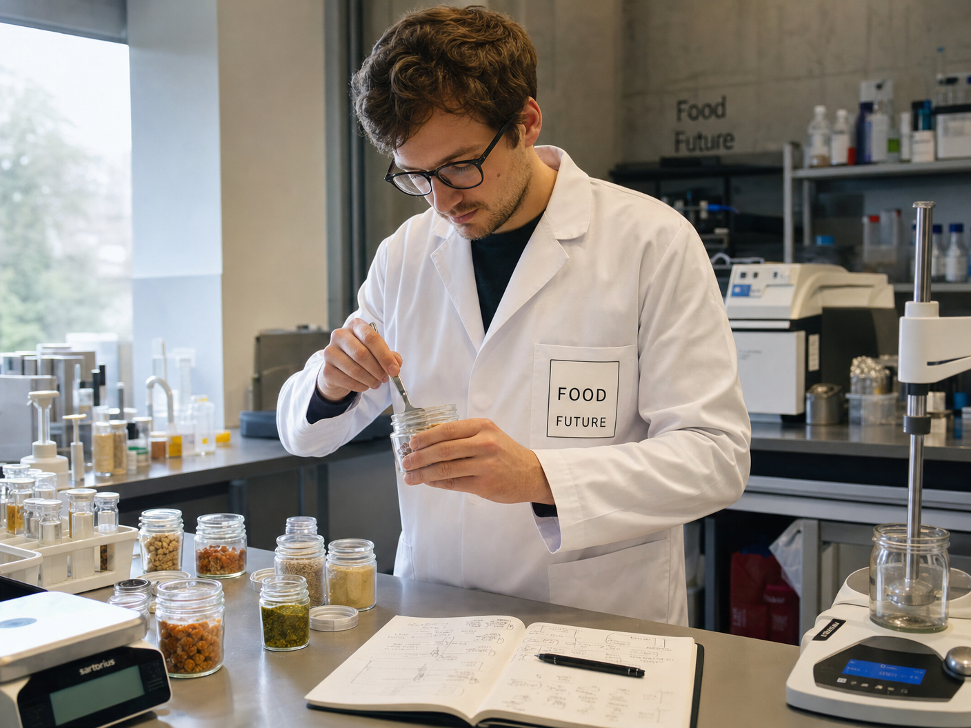 Lebensmittelwissenschaftler entwickelt Rezeptur in einem modernen Food-Labor mit Gläsern und Waage – Produktentwicklung Food Startup