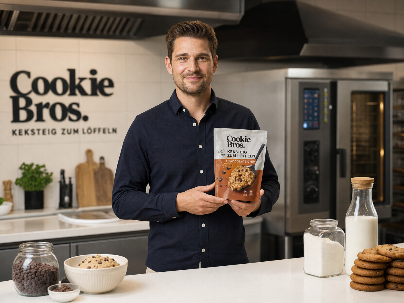 Food-Startup-Gründer hält sein verpacktes Produkt in einer modernen Produktionsküche – Food Startup gründen 2026