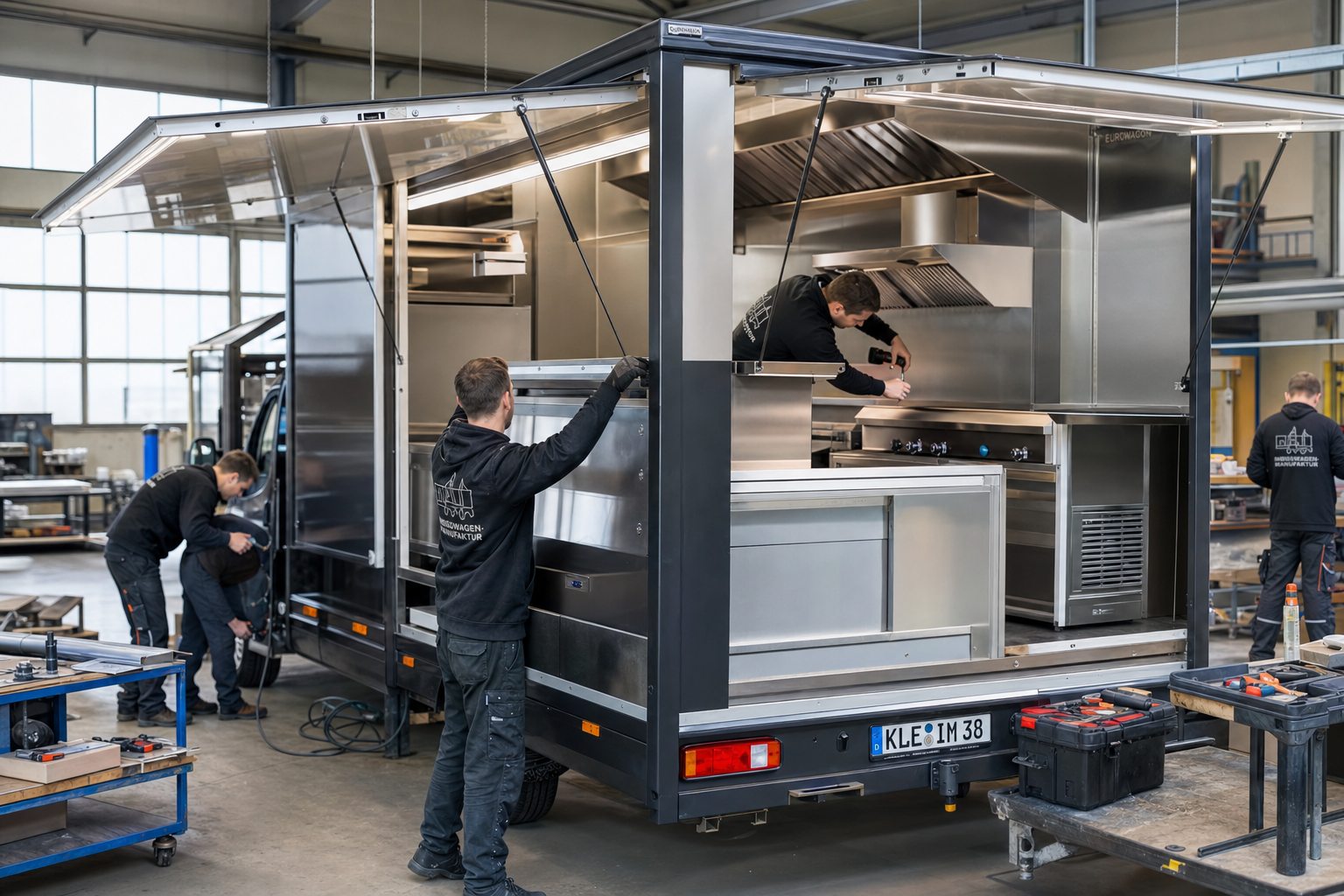 Foodtruck wird in einer deutschen Werkstatt professionell mit Edelstahlküche ausgebaut – Foodtruck Ausbau und Küchentechnik