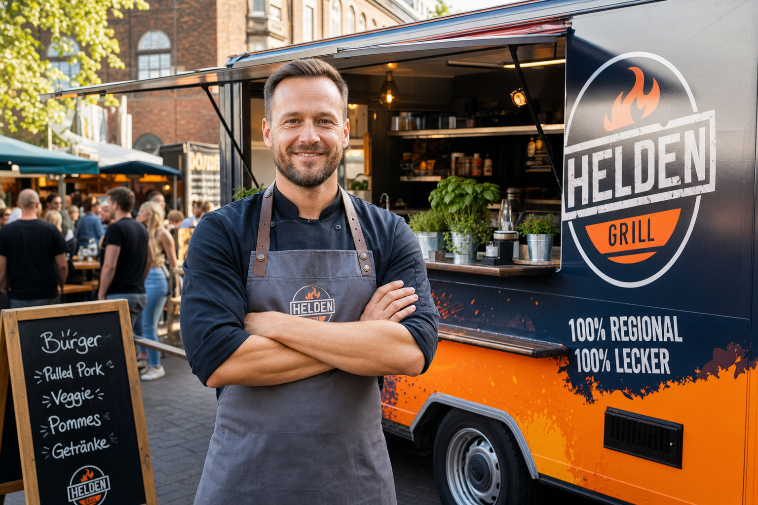 Foodtruck-Gründer steht vor seinem modernen Foodtruck auf einem deutschen Streetfood-Markt – Foodtruck gründen 2026
