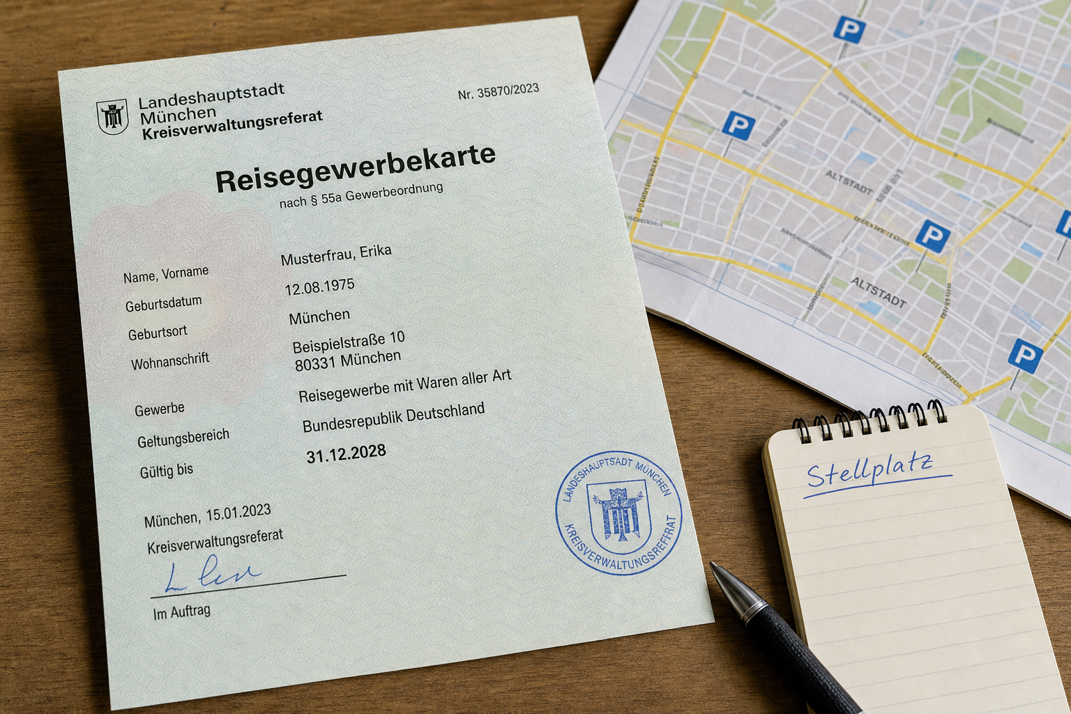 Reisegewerbekarte und Stadtplan mit markierten Stellplätzen auf einem Holztisch – Foodtruck Reisegewerbe Genehmigung