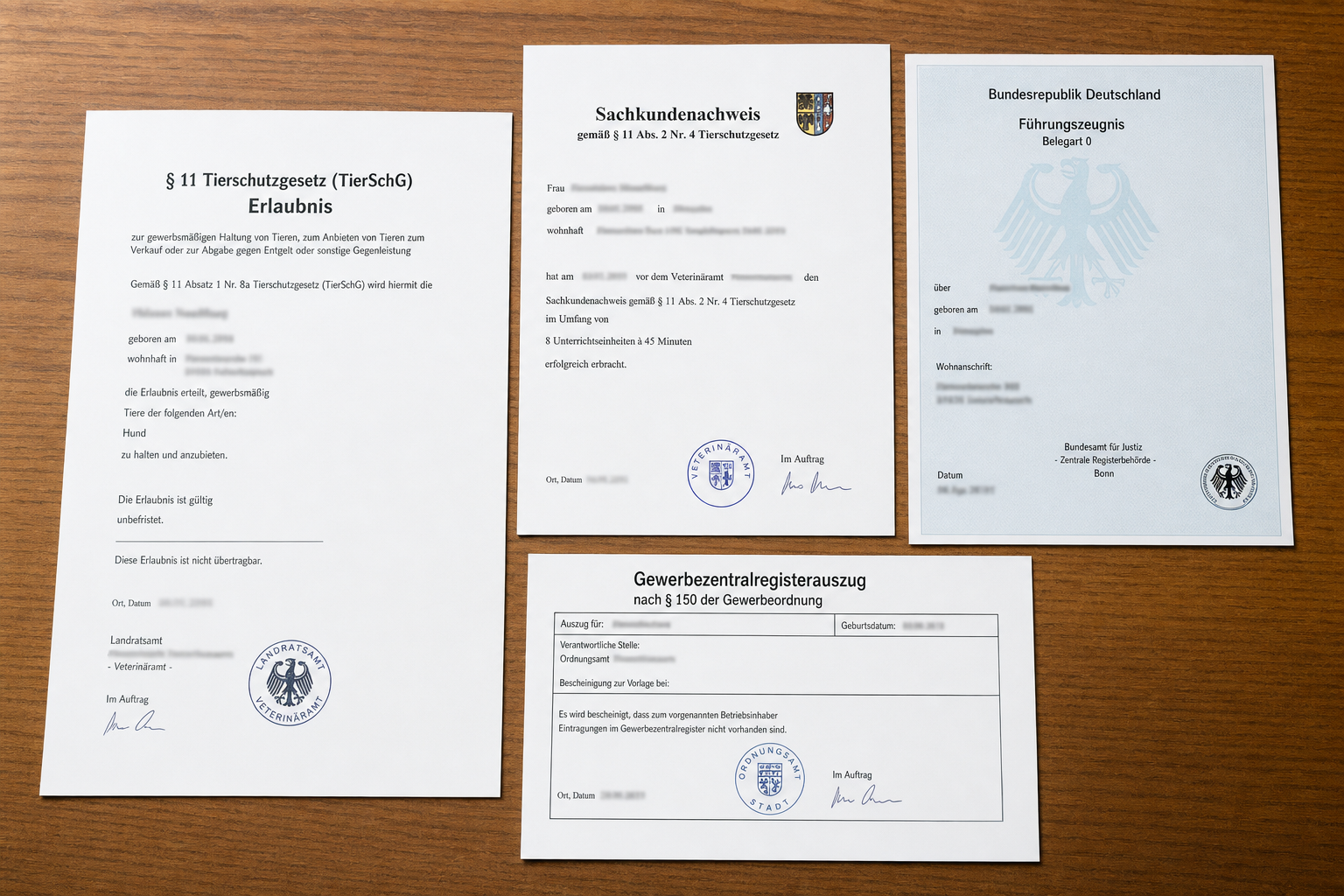 Paragraph 11 TierSchG-Erlaubnis mit Sachkundenachweis, Fuehrungszeugnis und Gewerbezentralregisterauszug vom Veterinaeramt