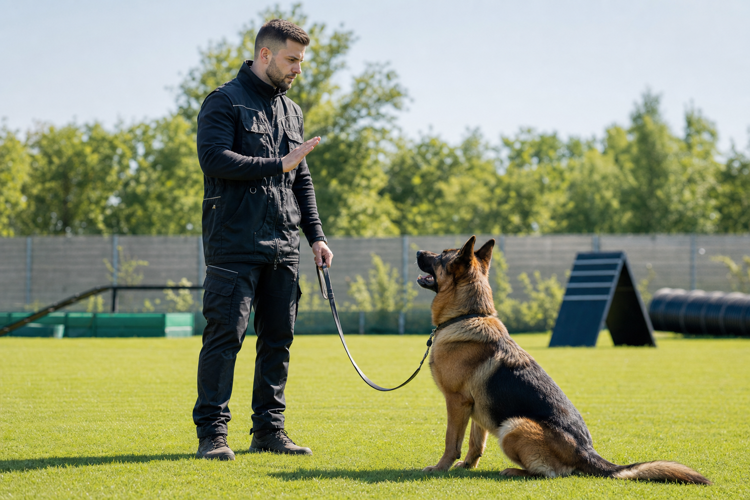Hundetrainer trainiert deutschen Schaeferhund auf professionellem Trainingsgelaende - Als Hundetrainer selbststaendig machen 2026