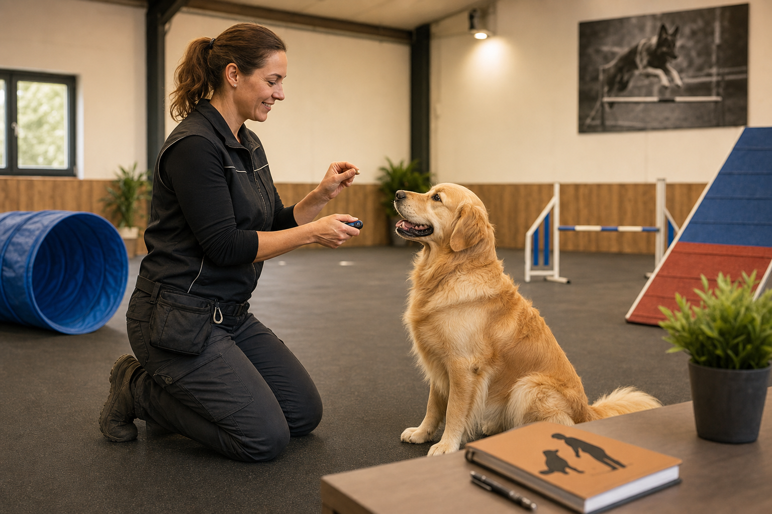 Hundetrainerin demonstriert positive Verstaerkung mit Golden Retriever in professioneller Trainingshalle - Tierschutz-Hundeverordnung