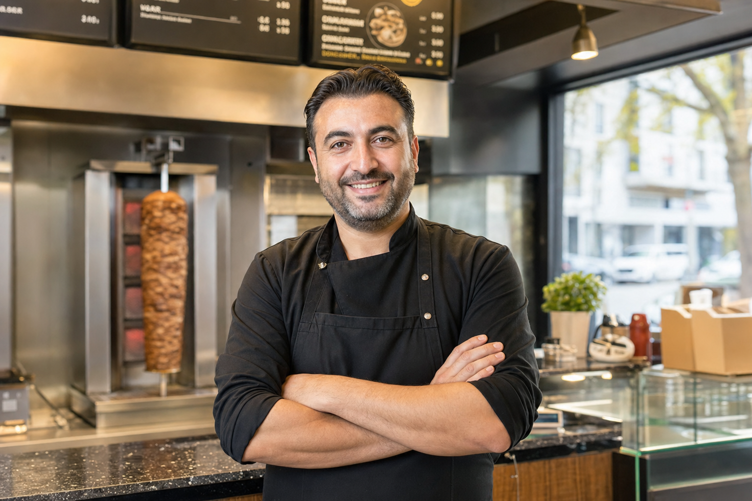 Imbiss-Inhaber steht selbstbewusst vor seinem modernen Imbiss-Tresen mit Döner-Spieß im Hintergrund – Imbiss eröffnen 2026