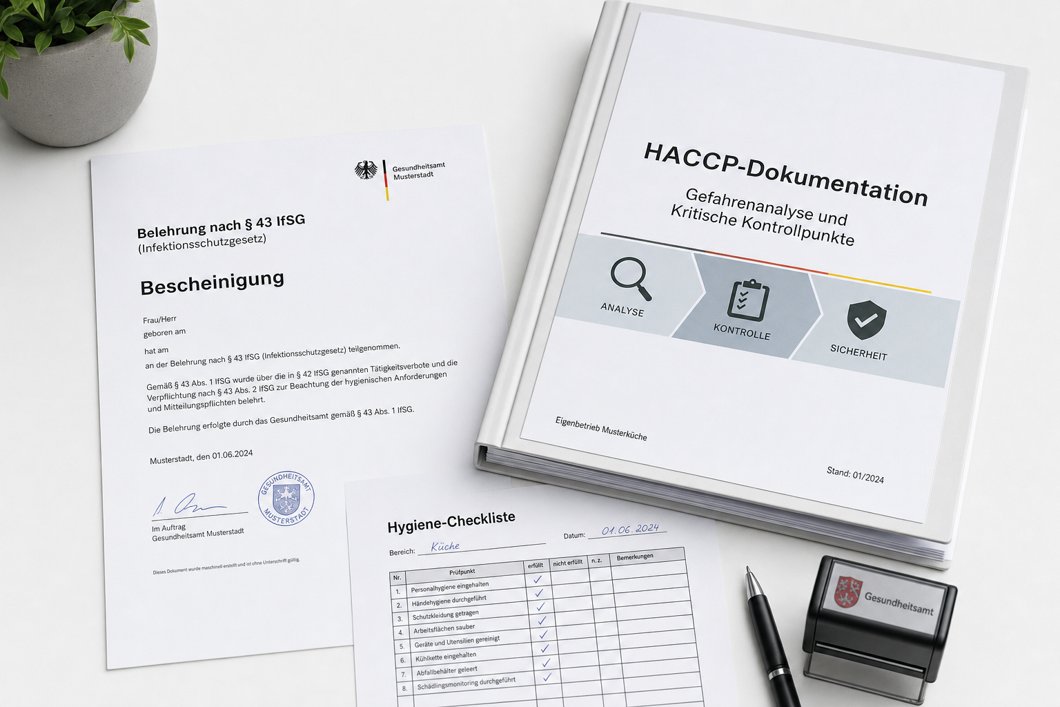 IfSG-Belehrung nach § 43 und HACCP-Dokumentationsmappe auf einem Schreibtisch – Imbiss Hygiene Genehmigungen