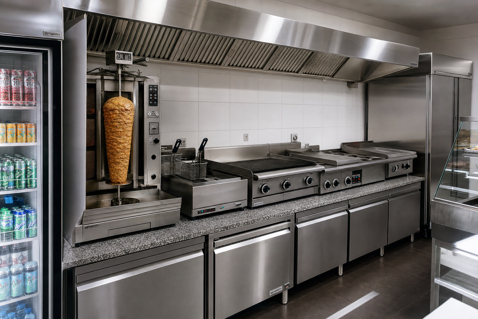 Professionelle Imbiss-Küche mit Döner-Spieß, Fritteusen, Grill und Edelstahlmöbeln – Imbiss Küchentechnik