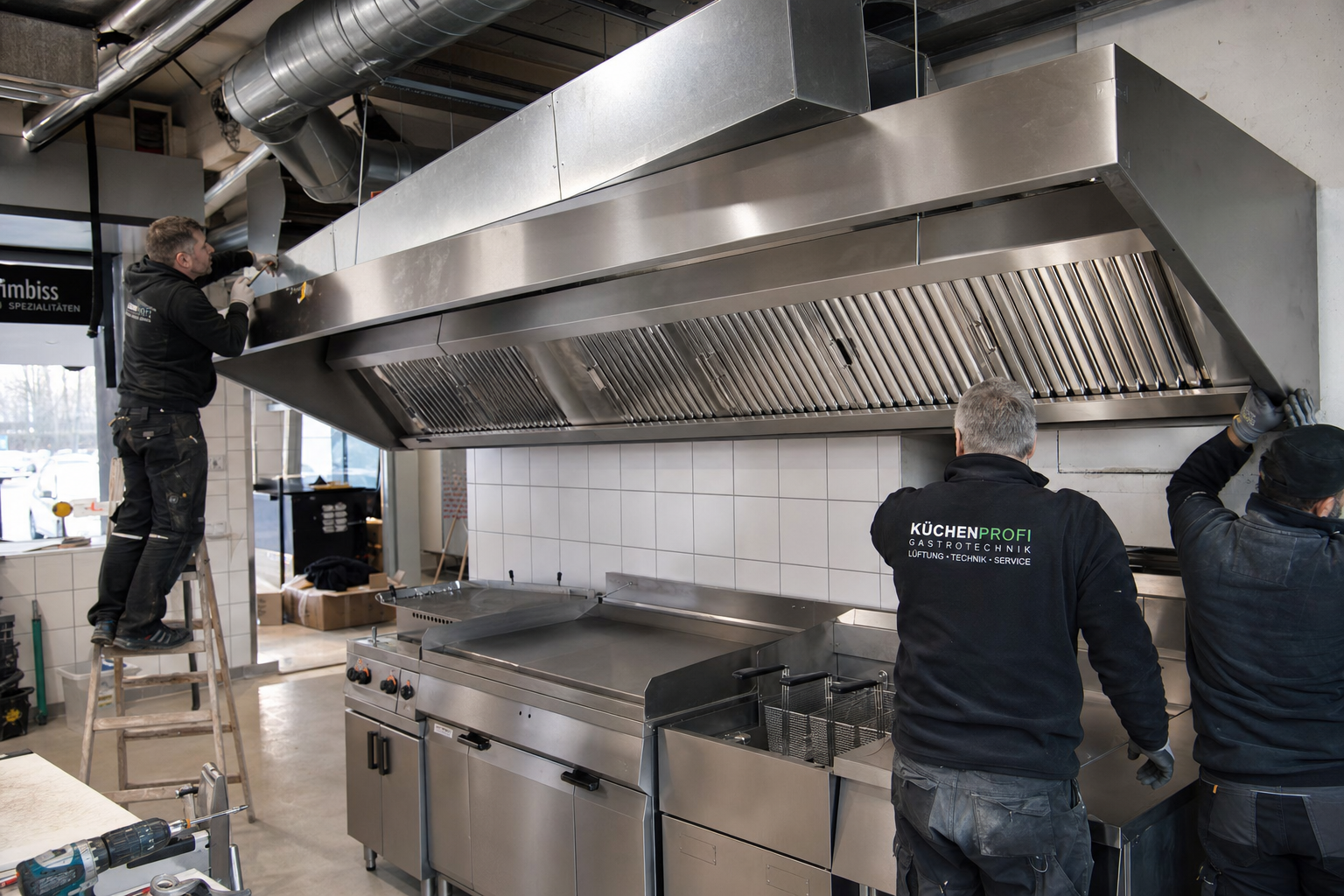 Monteure installieren eine professionelle Gastro-Abluftanlage in einem deutschen Imbiss – Lüftungsanlage Imbiss