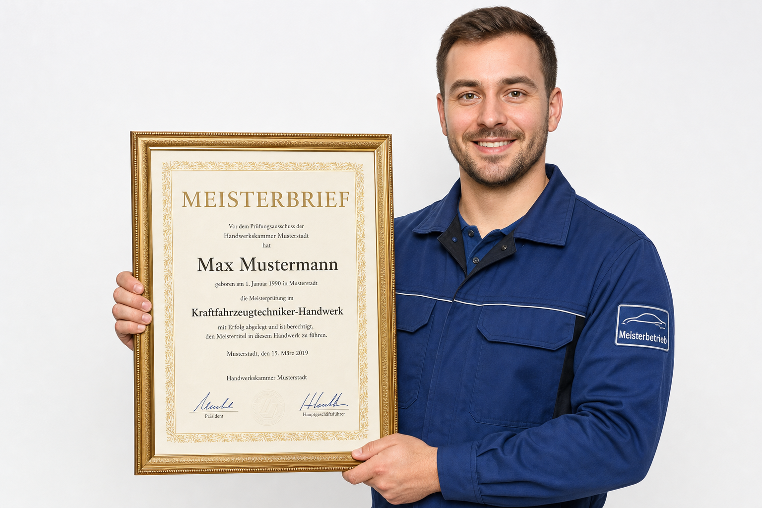 KFZ-Meister hält seinen Meisterbrief mit sichtbarem Text: Max Mustermann, Kraftfahrzeugtechniker-Handwerk