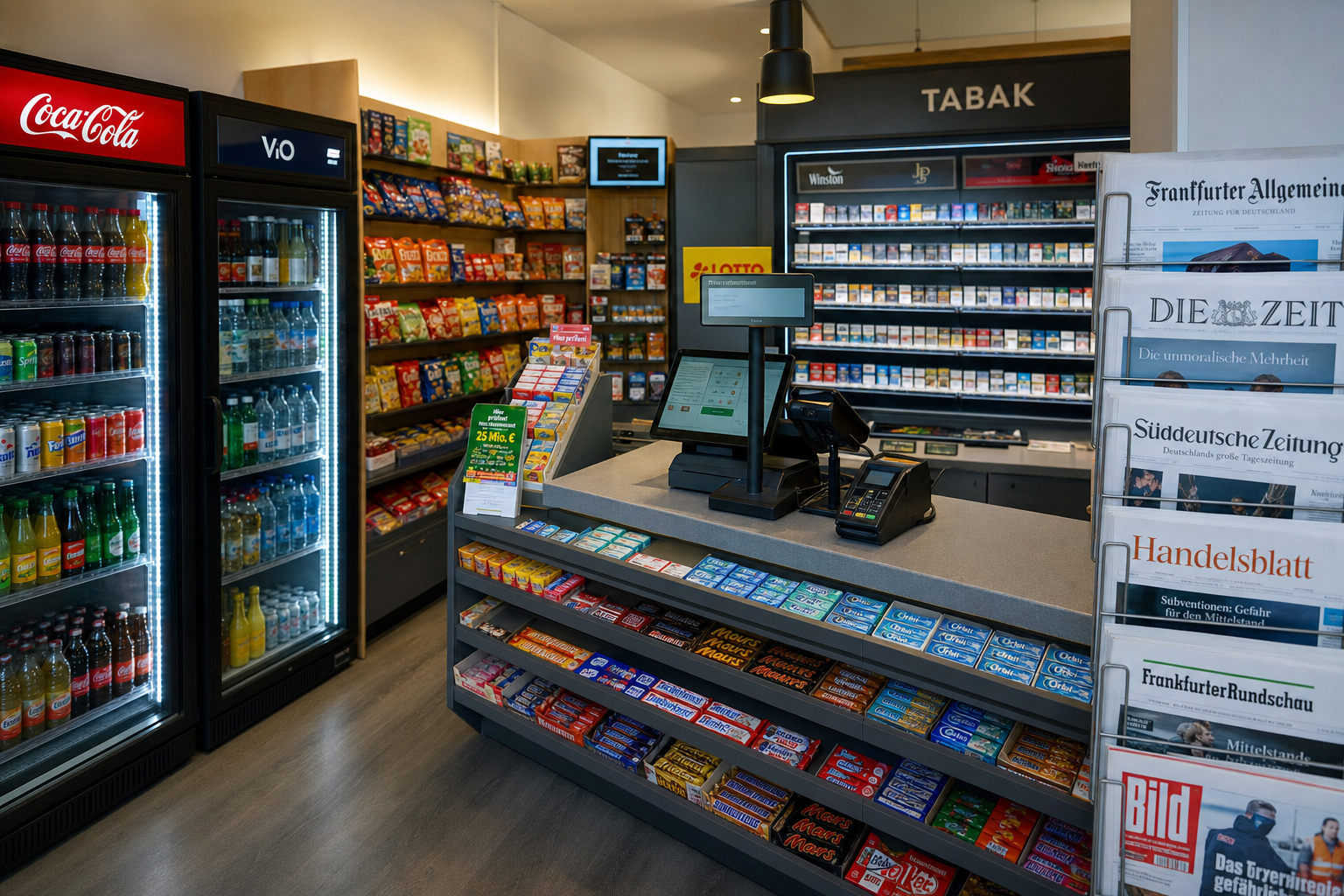 Innenansicht eines modernen deutschen Kiosks mit Kühlschränken, Snackregalen, TSE-Kasse und Zeitungsständer – Kiosk Ausstattung