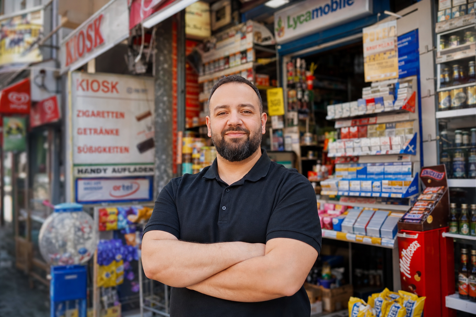 Kiosk-Inhaber steht selbstbewusst vor seinem deutschen Kiosk mit Zigaretten, Getränken und Snacks – Kiosk eröffnen 2026