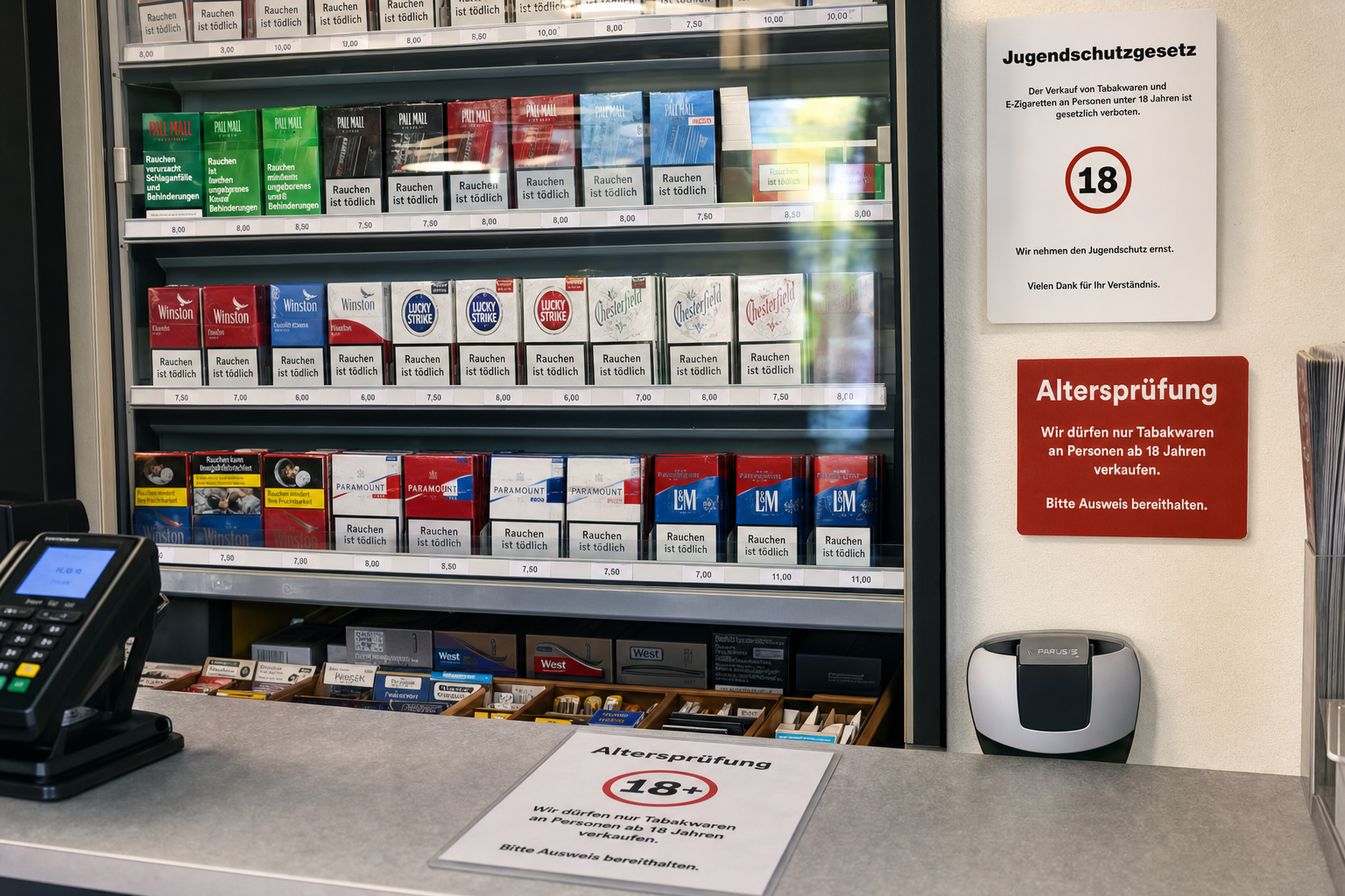 Tabak-Vitrine in einem deutschen Kiosk mit Jugendschutzgesetz-Hinweis und Altersprüfungsschild – Kiosk Tabak Jugendschutz