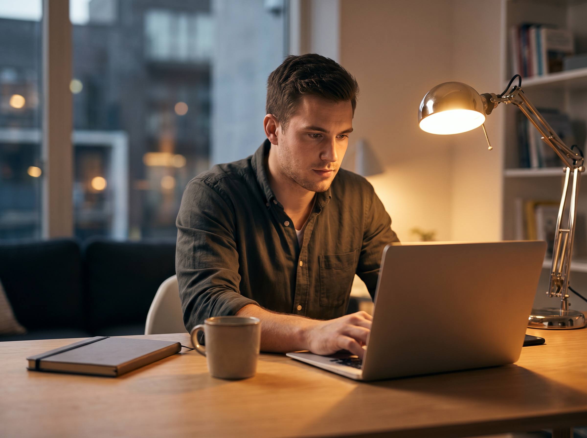 Mann arbeitet abends nebenberuflich am Laptop