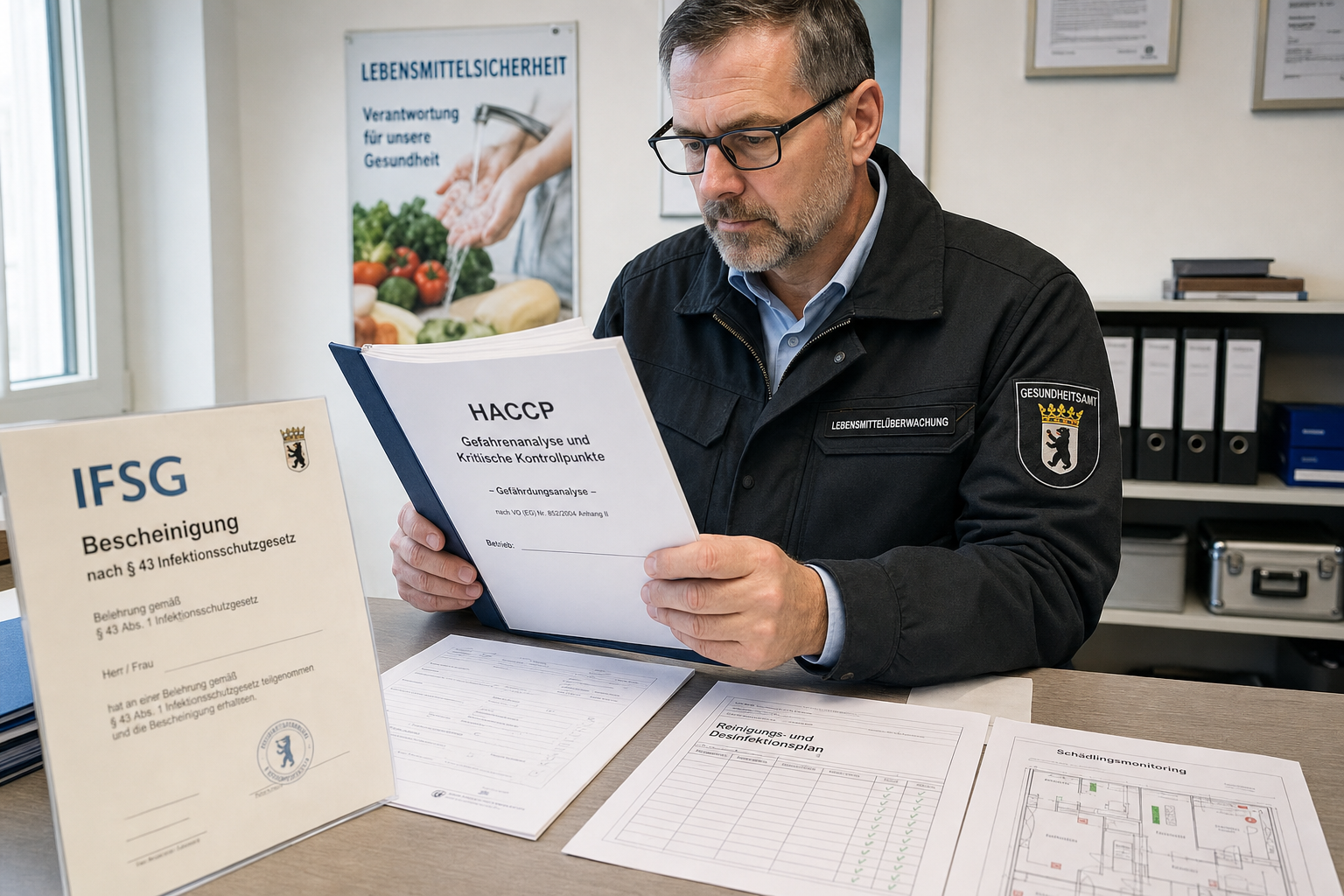 Lebensmittelüberwachung prüft IfSG-Bescheinigung und HACCP-Dokumentation in einer Pizzeria – Pizzeria Hygiene Genehmigungen