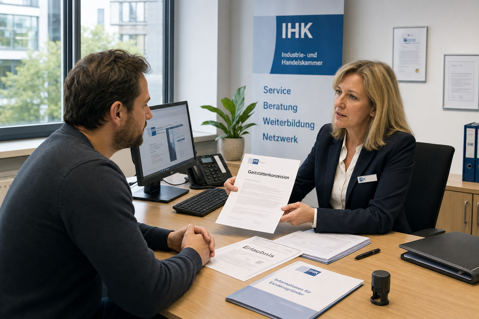 Gründer bespricht Gaststättenkonzession mit IHK-Beraterin – Restaurant eröffnen Konzession IHK
